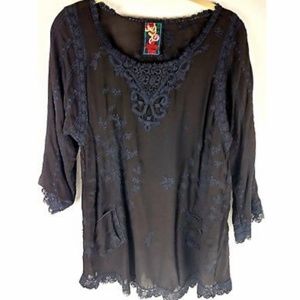 Johnny Was JW Womens Embroidered Sheer 3/4 Sleeve